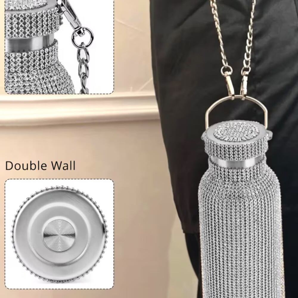 Silver Stainless Steel Rhinestone Bottle Chain Crossbody Festival Rave Glamour - Picture 4 of 5